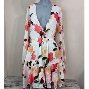 VICI Floral Ruffle NWT Open Back Tie Long Sleeve Boho Mini Dress Style